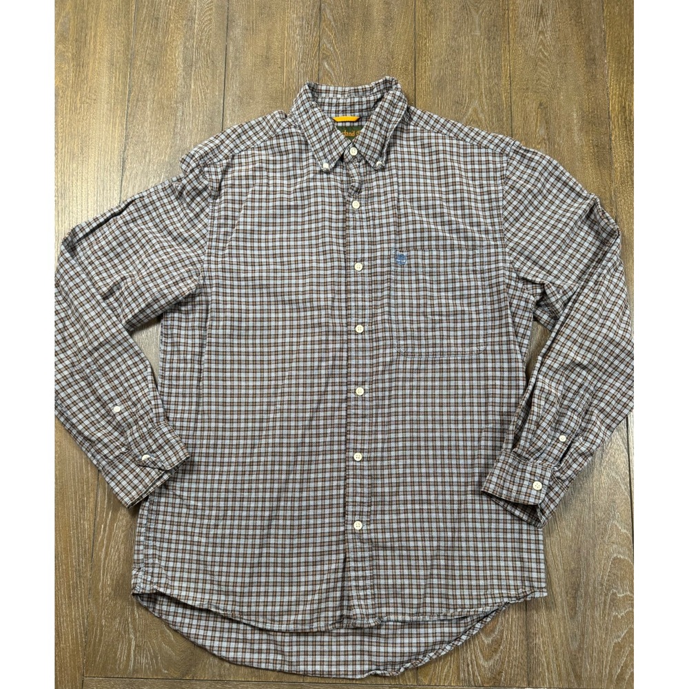 Timberland Men's Medium Plaid Button Down Shirt Brown Blue Long Sleeve Logo